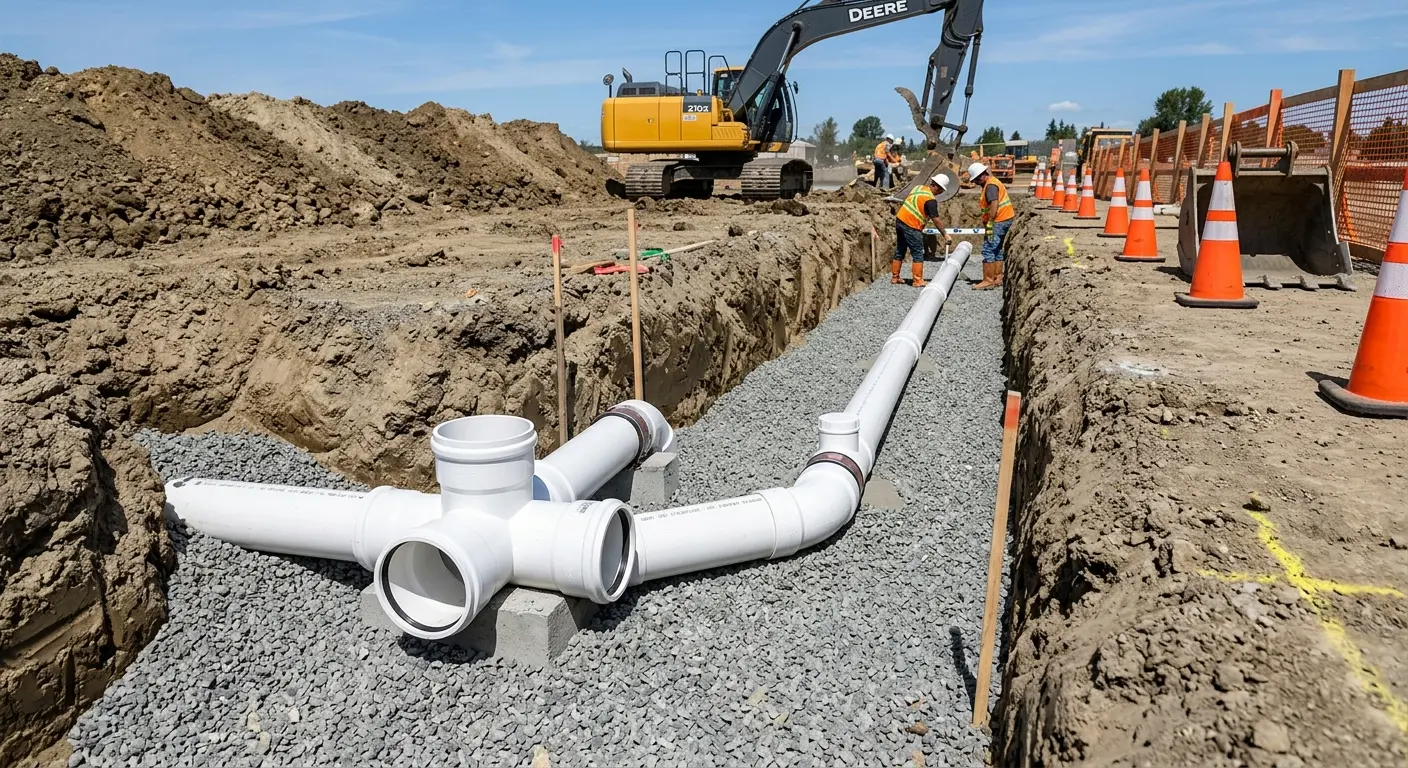 New PVC sewer pipe installation in open trench for Grease Trap Cleaning in Holland