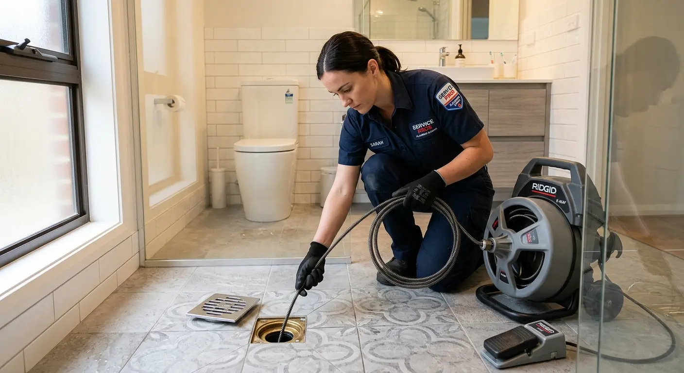Technician clearing a bathroom floor drain for Drain Repair in Holland